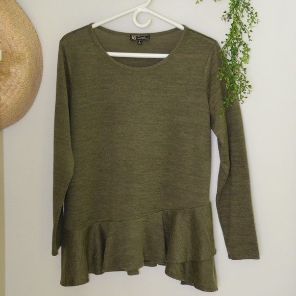 DG2 Diane Gilman Brushed Jersey Knit Green Peplum Top Womens Size L - Picture 2 of 13